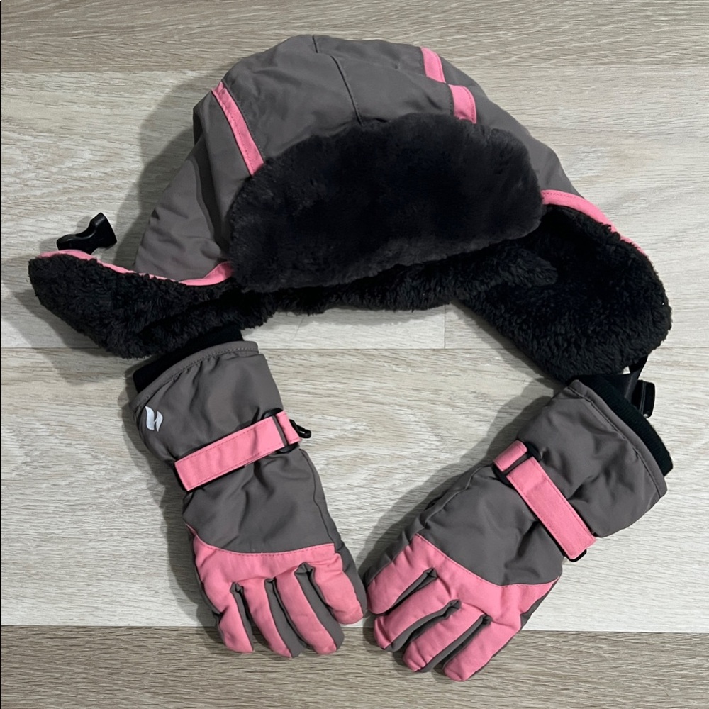 Cozy Pink and Gray Kids Winter Hat and Gloves Set
